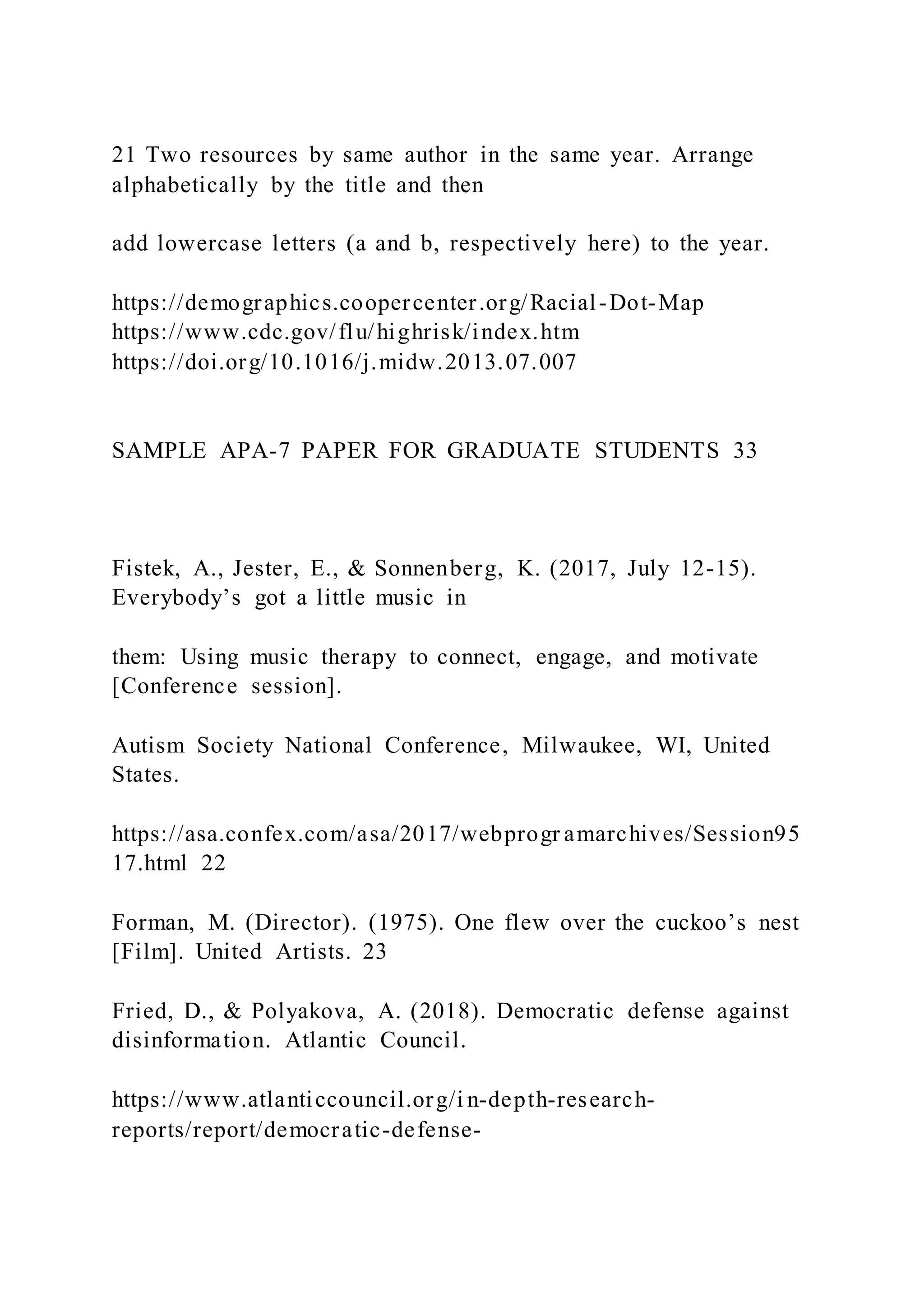 21 Two resources by same author in the same year. Arrange
alphabetically by the title and then
add lowercase letters (a and b, respectively here) to the year.
https://demographics.coopercenter.org/Racial-Dot-Map
https://www.cdc.gov/flu/highrisk/index.htm
https://doi.org/10.1016/j.midw.2013.07.007
SAMPLE APA-7 PAPER FOR GRADUATE STUDENTS 33
Fistek, A., Jester, E., & Sonnenberg, K. (2017, July 12-15).
Everybody’s got a little music in
them: Using music therapy to connect, engage, and motivate
[Conference session].
Autism Society National Conference, Milwaukee, WI, United
States.
https://asa.confex.com/asa/2017/webprogr amarchives/Session95
17.html 22
Forman, M. (Director). (1975). One flew over the cuckoo’s nest
[Film]. United Artists. 23
Fried, D., & Polyakova, A. (2018). Democratic defense against
disinformation. Atlantic Council.
https://www.atlanticcouncil.org/i n-depth-research-
reports/report/democratic-defense-
 