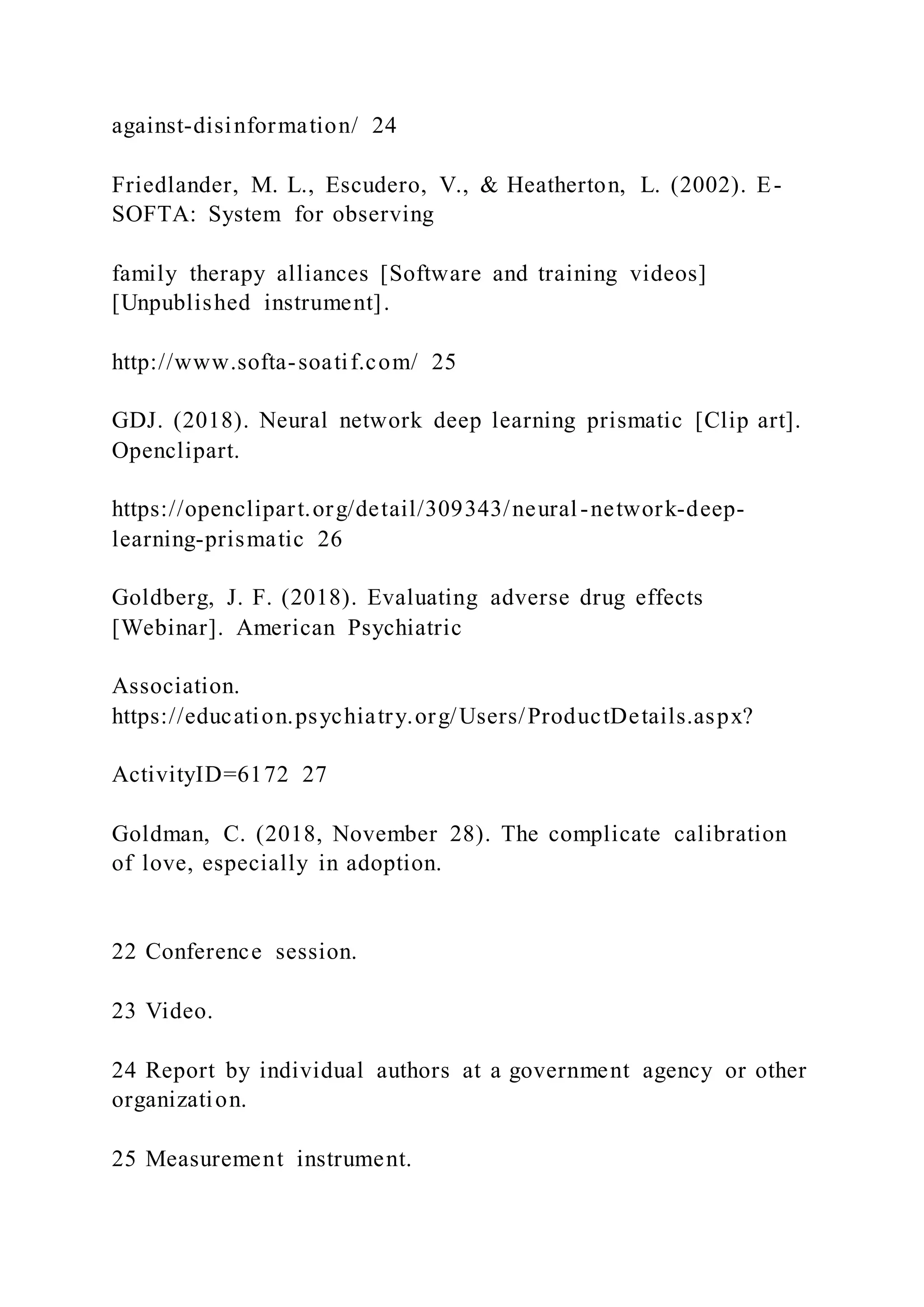against-disinformation/ 24
Friedlander, M. L., Escudero, V., & Heatherton, L. (2002). E-
SOFTA: System for observing
family therapy alliances [Software and training videos]
[Unpublished instrument].
http://www.softa-soatif.com/ 25
GDJ. (2018). Neural network deep learning prismatic [Clip art].
Openclipart.
https://openclipart.org/detail/309343/neural-network-deep-
learning-prismatic 26
Goldberg, J. F. (2018). Evaluating adverse drug effects
[Webinar]. American Psychiatric
Association.
https://education.psychiatry.org/Users/ProductDetails.aspx?
ActivityID=6172 27
Goldman, C. (2018, November 28). The complicate calibration
of love, especially in adoption.
22 Conference session.
23 Video.
24 Report by individual authors at a government agency or other
organization.
25 Measurement instrument.
 