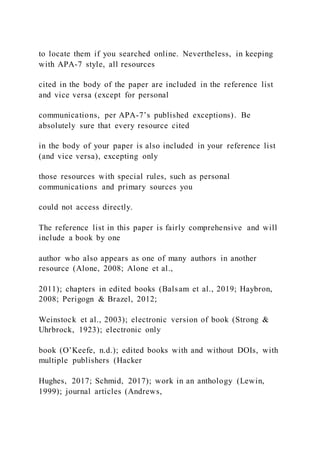 to locate them if you searched online. Nevertheless, in keeping
with APA-7 style, all resources
cited in the body of the paper are included in the reference list
and vice versa (except for personal
communications, per APA-7’s published exceptions). Be
absolutely sure that every resource cited
in the body of your paper is also included in your reference list
(and vice versa), excepting only
those resources with special rules, such as personal
communications and primary sources you
could not access directly.
The reference list in this paper is fairly comprehensive and will
include a book by one
author who also appears as one of many authors in another
resource (Alone, 2008; Alone et al.,
2011); chapters in edited books (Balsam et al., 2019; Haybron,
2008; Perigogn & Brazel, 2012;
Weinstock et al., 2003); electronic version of book (Strong &
Uhrbrock, 1923); electronic only
book (O’Keefe, n.d.); edited books with and without DOIs, with
multiple publishers (Hacker
Hughes, 2017; Schmid, 2017); work in an anthology (Lewin,
1999); journal articles (Andrews,
 