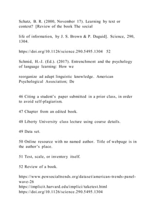 Schatz, B. R. (2000, November 17). Learning by text or
context? [Review of the book The social
life of information, by J. S. Brown & P. Duguid]. Science, 290,
1304.
https://doi.org/10.1126/science.290.5495.1304 52
Schmid, H.-J. (Ed.). (2017). Entrenchment and the psychology
of language learning: How we
reorganize ad adapt linguistic knowledge. American
Psychological Association; De
46 Citing a student’s paper submitted in a prior class, in order
to avoid self-plagiarism.
47 Chapter from an edited book.
48 Liberty University class lecture using course details.
49 Data set.
50 Online resource with no named author. Title of webpage is in
the author’s place.
51 Test, scale, or inventory itself.
52 Review of a book.
https://www.pewsocialtrends.org/dataset/american-trends-panel-
wave-26
https://implicit.harvard.edu/implici/taketest.html
https://doi.org/10.1126/science.290.5495.1304
 