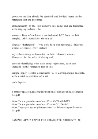 quotation marks) should be centered and bolded. Items in the
reference list are presented
alphabetically by the first author’s last name and are formatted
with hanging indents (the
second+ lines of each entry are indented 1/2” from the left
margin). APA authorizes the use of
singular “Reference” if you only have one resource.3 Students
would, of course, NOT include
any color-coding or footnotes in their reference entries.
However, for the sake of clarity and
ease in identifying what each entry represents, each one
included in the reference list of this
sample paper is color-coordinated to its corresponding footnote,
with a brief description of what
each depicts.
3 https://apastyle.apa.org/instructional-aids/creating-reference-
list.pdf
https://www.youtube.com/watch?v=KNT6w8t3zDY
https://www.youtube.com/watch?v=VeCrUINa6nU
https://apastyle.apa.org/instructional-aids/creating-reference-
list.pdf
SAMPLE APA-7 PAPER FOR GRADUATE STUDENTS 30
 