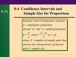 © The McGraw-Hill Companies, Inc., 2000
8-31
8-4 Confidence Intervals and
Sample Size for Proportions
Symbols Used in Notation
p population proportion
p read “p hat” sample proportion
p
X
n
and q
n X
n
or p
where X number of sample units that
possess the characteristic of
and n sample size
–
Proportion
interest
=
− =
= =
−
=
=
( )
  
.
1
 