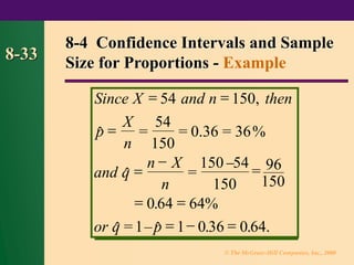 © The McGraw-Hill Companies, Inc., 2000
8-33
Since X and n then
p
X
n
and q
n X
n
or q p
=
54
150
= 0.36 = 36%
=
150 −54
150
= –
= =
=
=
−
= =
= − =
54 150
0 64 64%
1 1 0 36 0 64
,


.
  . . .
8-4 Confidence Intervals and Sample
Size for Proportions - Example
150
96
=
 