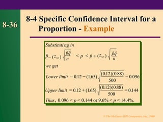 © The McGraw-Hill Companies, Inc., 2000
8-36
8-4 Specific Confidence Interval for a
Proportion - Example
pq
n
 
Substituti ng in
p
pq
n
p p
we get
Lower limit
Upper limit
Thus
=
=
0.096 < p < 0.144 or 9.6% < p < 14.4%.

 

. ( . )
( . )( . )
.
. ( . )
( . )( . )
.
,
 
= −
= +
+ ( )
z 2
012 165
012 0 88
500
0 096
012 165
012 0 88
500
0144
− ( )
z 2
 