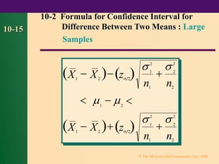 © The McGraw-Hill Companies, Inc., 2000
10-15
10-2 Formula for Confidence Interval for
Difference Between Two Means : Large
Samples
( )
( )
X X
n n
X X
n n
1 2
1
2
1
2
2
2
1 2
1 2
1
2
1
2
2
2
− − +
 − 
− + +
 
 
 
z 2
 )
(
z 2
 )
(
 