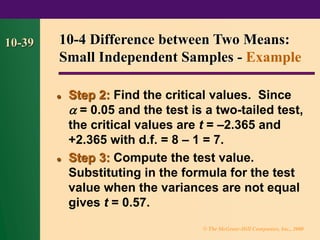 © The McGraw-Hill Companies, Inc., 2000
10-39
⚫ Step 2: Find the critical values. Since
 = 0.05 and the test is a two-tailed test,
the critical values are t = –2.365 and
+2.365 with d.f. = 8 – 1 = 7.
⚫ Step 3: Compute the test value.
Substituting in the formula for the test
value when the variances are not equal
gives t = 0.57.
10-4 Difference between Two Means:
Small Independent Samples - Example
 