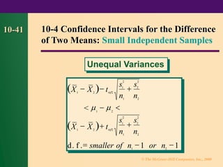 © The McGraw-Hill Companies, Inc., 2000
10-41
( )
( )
X X t
X X t
d f smaller of n or n
1 2 2
1 2
1 2 2
1 2
1 1
− −
s
n
s
n
1
2
1
2
2
2
+
− 
− +
= − −


 
<
. .
10-4 Confidence Intervals for the Difference
of Two Means: Small Independent Samples
Unequal Variances
s
n
s
n
1
2
1
2
2
2
+
 