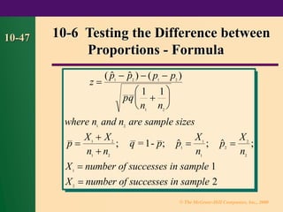 © The McGraw-Hill Companies, Inc., 2000
10-47 10-6 Testing the Difference between
Proportions - Formula
; = -
1
2
z
p p p p
pq
n n
where n and n are sample sizes
p
X X
n n
q p p
X
n
p
X
n
X number of successes in sample
X number of successes in sample
=
− − −
+






=
+
+
= =
=
=
(   ) ( )
;  ;  ;
1 2 1 2
1 2
1 2
1 2
1 2
1
1
1
2
2
2
1 1
1
1
2
 
