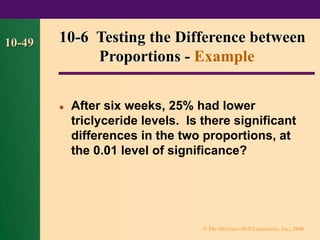 © The McGraw-Hill Companies, Inc., 2000
10-49
⚫ After six weeks, 25% had lower
triclyceride levels. Is there significant
differences in the two proportions, at
the 0.01 level of significance?
10-6 Testing the Difference between
Proportions - Example
 