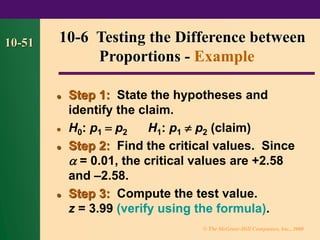 © The McGraw-Hill Companies, Inc., 2000
10-51
⚫ Step 1: State the hypotheses and
identify the claim.
⚫ H0: p1 = p2 H1: p1  p2 (claim)
⚫ Step 2: Find the critical values. Since
 = 0.01, the critical values are +2.58
and –2.58.
⚫ Step 3: Compute the test value.
z = 3.99 (verify using the formula).
10-6 Testing the Difference between
Proportions - Example
 
