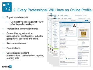 2. Every Professional Will Have an Online Profile Top of search results Competitive edge against ~70% of white collar workers Professional accomplishments Career history, education, associations, certifications, industry geography, passions and skills Recommendations Contributions Customizable content – presentations, case studies, reports, reading lists 