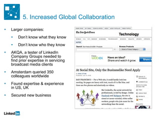 Larger companies: Don’t know what they know Don’t know who they know AKQA, a tester of LinkedIn Company Groups needed to find prior expertise in servicing broadcast media clients Amsterdam queried 350 colleagues worldwide Found expertise & experience in US, UK Secured new business 5. Increased Global Collaboration 