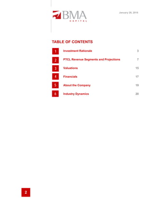 January 28, 2010




    TABLE OF CONTENTS

     1   Investment Rationale                               3


     2   PTCL Revenue Segments and Projections              7


     3   Valuations                                       15


     4   Financials                                       17


     5   About the Company                                19


     6   Industry Dynamics                                20




2
 
