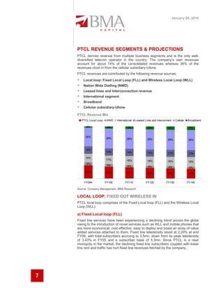 January 28, 2010




    PTCL REVENUE SEGMENTS & PROJECTIONS
    PTCL derives revenue from multiple business segments and is the only well-
    diversified telecom operator in the country. The company’s own revenues
    account for about 74% of the consolidated revenues whereas 36% of the
    revenues clock in from the cellular subsidiary-Ufone.
    PTCL revenues are contributed by the following revenue sources:
        Local loop: Fixed Local Loop (FLL) and Wireless Local Loop (WLL)
        Nation Wide Dialling (NWD)
        Leased lines and Interconnection revenue
        International segment
        Broadband
        Cellular subsidiary-Ufone

    PTCL Revenue Mix
      PTCL Local Loop    NWD    International   Leased Lines and Interconnect   Cellular   Broadband

          2%             4%              5%               6%              6%                7%


         36%
                        38%             38%              39%              39%              39%


         14%
                        14%             14%              13%              13%              13%
         16%
                        17%             18%              18%              18%              19%
          6%             5%              4%               4%              4%                4%
         25%            23%             21%              20%              20%              19%


        FY09A           FY10E          FY11E            FY12E           FY13E              FY14E

    Source: Company Management, BMA Research

    LOCAL LOOP: FIXED OUT WIRELESS IN
    PTCL local loop comprises of the Fixed Local loop (FLL) and the Wireless Local
    Loop (WLL).

    a) Fixed Local loop (FLL)
    Fixed line services have been experiencing a declining trend across the globe
    owing to the introduction of novel services such as WLL and mobile phones that
    are more economical, cost effective, easy to deploy and boast an array of value
    added services attached to them. Fixed line teledensity stood at 2.20% at end
    FY09, with total subscribers accruing to 3.5mn, down from its peak teledensity
    of 3.43% in FY05 and a subscriber base of 5.3mn. Since PTCL is a near
    monopoly in the market, the declining fixed line subscribers coupled with lower
    line rent and traffic has hurt fixed line revenues fetched by the company.




7
 