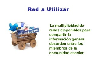 Red a Utilizar


        La multiplicidad de
       redes disponibles para
       compartir la
       información genera
       desorden entre los
       miembros de la
       comunidad escolar.
 