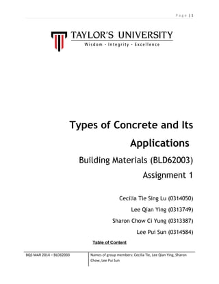 P a g e | 1
Types of Concrete and Its
Applications
Building Materials (BLD62003)
Assignment 1
Cecilia Tie Sing Lu (0314050)
Lee Qian Ying (0313749)
Sharon Chow Ci Yung (0313387)
Lee Pui Sun (0314584)
Table of Content
BQS MAR 2014 – BLD62003 Names of group members: Cecilia Tie, Lee Qian Ying, Sharon
Chow, Lee Pui Sun
 