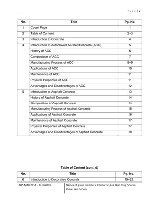 P a g e | 2
No. Title Pg. No.
1 Cover Page 1
2 Table of Content 2~3
3 Introduction to Concrete 4
4 Introduction to Autoclaved Aerated Concrete (ACC) 5
History of ACC 6
Composition of ACC 7
Manufacturing Process of ACC 8~9
Applications of ACC 10
Maintenance of ACC 11
Physical Properties of ACC 11
Advantages and Disadvantages of ACC 12
5 Introduction to Asphalt Concrete 13
History of Asphalt Concrete 14
Composition of Asphalt Concrete 14
Manufacturing Process of Asphalt Concrete 15
Applications of Asphalt Concrete 16
Maintenance of Asphalt Concrete 17
Physical Properties of Asphalt Concrete 17
Advantages and Disadvantages of Asphalt Concrete 18
Table of Content (cont’ d)
No. Title Pg. No.
6 Introduction to Decorative Concrete 19~22
BQS MAR 2014 – BLD62003 Names of group members: Cecilia Tie, Lee Qian Ying, Sharon
Chow, Lee Pui Sun
 