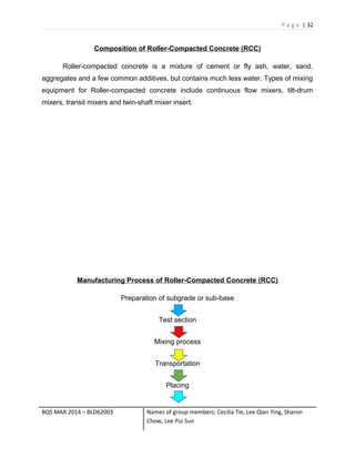 P a g e | 32
Composition of Roller-Compacted Concrete (RCC)
Roller-compacted concrete is a mixture of cement or fly ash, water, sand,
aggregates and a few common additives, but contains much less water. Types of mixing
equipment for Roller-compacted concrete include continuous flow mixers, tilt-drum
mixers, transit mixers and twin-shaft mixer insert.
Manufacturing Process of Roller-Compacted Concrete (RCC)
Preparation of subgrade or sub-base
Test section
Mixing process
Transportation
Placing
BQS MAR 2014 – BLD62003 Names of group members: Cecilia Tie, Lee Qian Ying, Sharon
Chow, Lee Pui Sun
 