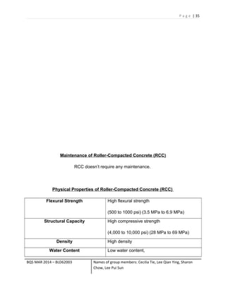 P a g e | 35
Maintenance of Roller-Compacted Concrete (RCC)
RCC doesn’t require any maintenance.
Physical Properties of Roller-Compacted Concrete (RCC)
Flexural Strength High flexural strength
(500 to 1000 psi) (3.5 MPa to 6.9 MPa)
Structural Capacity High compressive strength
(4,000 to 10,000 psi) (28 MPa to 69 MPa)
Density High density
Water Content Low water content,
BQS MAR 2014 – BLD62003 Names of group members: Cecilia Tie, Lee Qian Ying, Sharon
Chow, Lee Pui Sun
 