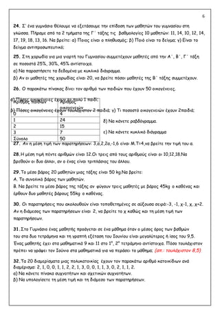 6
24. Σ’ ένα γυμνάσιο θέλουμε να εξετάσουμε την επίδοση των μαθητών του γυμνασίου στη
γλώσσα. Πήραμε από τα 2 τμήματα της Γ΄ τάξης τις βαθμολογίες 10 μαθητών: 11, 14, 10, 12, 14,
17, 19, 18, 13, 16. Να βρείτε: α) Ποιος είναι ο πληθυσμός; β) Ποιό είναι το δείγμα; γ) Είναι το
δείγμα αντιπροσωπευτικό;
25. Στη χορωδία για μια γιορτή του Γυμνασίου συμμετέχουν μαθητές από την Α΄, Β΄, Γ΄ τάξη
σε ποσοστά 25%, 30%, 45% αντίστοιχα.
α) Να παραστήσετε τα δεδομένα με κυκλικό διάγραμμα.
β) Αν οι μαθητές της χορωδίας είναι 20, να βρείτε πόσοι μαθητές της Β΄ τάξης συμμετέχουν.
26. Ο παρακάτω πίνακας δίνει τον αριθμό των παιδιών που έχουν 50 οικογένειες.
α) Πόσες οικογένειες έχουν το πολύ 1 παιδί;
β) Πόσες οικογένειες έχουν τουλάχιστον 2 παιδιά; γ) Τι ποσοστό οικογενειών έχουν 2παιδιά;
δ) Να κάνετε ραβδόγραμμα.
ε) Να κάνετε κυκλικό διάγραμμα
27. Αν η μέση τιμή των παρατηρήσεων: 3,α,2,2α,-1,6 είναι Μ.Τ=4,να βρείτε την τιμή του α.
28.Η μέση τιμή πέντε αριθμών είναι 12.Οι τρεις από τους αριθμούς είναι οι 10,12,18.Να
βρεθούν οι δυο άλλοι, αν ο ένας είναι τριπλάσιος του άλλου.
29.Το μέσο βάρος 20 μαθητών μιας τάξης είναι 50 kg.Να βρείτε:
Α. Το συνολικό βάρος των μαθητών.
Β. Να βρείτε το μέσο βάρος της τάξης αν φύγουν τρεις μαθητές με βάρος 45kg ο καθένας και
έρθουν δυο μαθητές βάρους 55kg ο καθένας.
30. Οι παρατηρήσεις που ακολουθούν είναι τοποθετημένες σε αύξουσα σειρά:-3, -1, χ-1, χ, χ+2.
Αν η διάμεσος των παρατηρήσεων είναι 2, να βρείτε το χ καθώς και τη μέση τιμή των
παρατηρήσεων.
31.Στο Γυμνάσιο ένας μαθητής προάγεται σε ένα μάθημα όταν ο μέσος όρος των βαθμών
του στα δυο τετράμηνα και τη γραπτή εξέταση του Ιουνίου είναι μεγαλύτερος ή ίσος του 9,5.
Ένας μαθητής έχει στα μαθηματικά 9 και 11 στο 1°, 2° τετράμηνο αντίστοιχα. Πόσο τουλάχιστον
πρέπει να γράψει τον Ιούνιο στα μαθηματικά για να περάσει το μάθημα; (απ.: τουλάχιστον 8,5)
32.Τα 20 διαμερίσματα μιας πολυκατοικίας έχουν τον παρακάτω αριθμό κατοικίδιων ανά
διαμέρισμα: 2, 1, 0, 0, 1, 1, 2, 2, 1, 3, 0, 0, 1, 1, 3, 0, 2, 1, 1, 2.
α) Να κάνετε πίνακα συχνοτήτων και σχετικών συχνοτήτων.
β) Να υπολογίσετε τη μέση τιμή και τη διάμεσο των παρατηρήσεων.
Αριθμός παιδιών Αριθμός
οικογενειών
0 4
1 24
2 15
3 7
Σύνολο 50
 