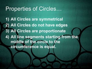 Properties of Circles…All Circles are symmetricalAll Circles do not have edgesAll Circles are proportionateAll line segments starting from the middle of the circle to the circumference is equal.