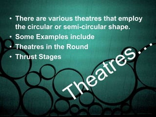 There are various theatres that employ the circular or semi-circular shape.Some Examples includeTheatres in the RoundThrust StagesTheatres…