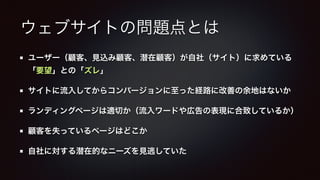 ウェブサイトの問題点とは 
ユーザー（顧客、見込み顧客、潜在顧客）が自社（サイト）に求めている 
「要望」との「ズレ」 
サイトに流入してからコンバージョンに至った経路に改善の余地はないか 
ランディングページは適切か（流入ワードや広告の表現に合致しているか） 
顧客を失っているページはどこか 
自社に対する潜在的なニーズを見逃していた 
 