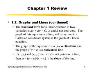 Chapter 1 Review 
 1.2. Graphs and Lines (continued) 
• The standard form for a linear equation in two 
variables is Ax + By = C, A and B not both zero. The 
graph of this equation is a line, and every line in a 
Cartesian coordinate system is the graph of a linear 
equation. 
• The graph of the equation x = a is a vertical line and 
the graph of y = b is a horizontal line. 
• If (x1, y1) and (x2, y2) are two distinct points on a line, 
then m = (y2 – y1)/(x2 – x1) is the slope of the line. 
Barnett/Ziegler/Byleen College Mathematics 12e 7 
 