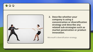 2. Describe whether your
company is using a
concentration or diversification
strategy and describe any
related sub-strategies such as
market penetration or product
innovation.
Microsoft's diversification strategy.
 