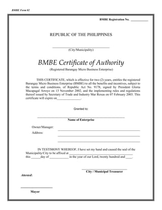 BMBE Form 02


                                                                 BMBE Registration No. ____________




   ...