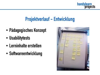 Projektverlauf - Entwicklung
● Pädagogisches Konzept
● Usabilitytests
● Lerninhalte erstellen
● Softwareentwicklung
 