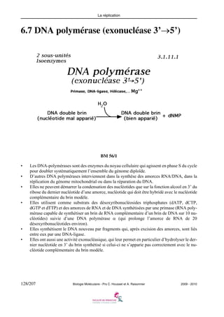 La réplication

6.7 DNA polymérase (exonucléase 3’→5’)

BM 56/1
•
•
•

•

•
•

Les DNA-polymérases sont des enzymes du noyau cellulaire qui agissent en phase S du cycle
pour doubler systématiquement l’ensemble du génome diploïde.
D’autres DNA polymérases interviennent dans la synthèse des amorces RNA/DNA, dans la
réplication du génome mitochondrial ou dans la réparation du DNA.
Elles ne peuvent démarrer la condensation des nucléotides que sur la fonction alcool en 3’ du
ribose du dernier nucléotide d’une amorce, nucléotide qui doit être hybridé avec le nucléotide
complémentaire du brin modèle.
Elles utilisent comme substrats des désoxyribonucléosides triphosphates (dATP, dCTP,
dGTP et dTTP) et des amorces de RNA et de DNA synthétisées par une primase (RNA polymérase capable de synthétiser un brin de RNA complémentaire d’un brin de DNA sur 10 nucléotides) suivie d’une DNA polymérase α (qui prolonge l’amorce de RNA de 20
désoxyribonucléotides environ).
Elles synthétisent le DNA nouveau par fragments qui, après excision des amorces, sont liés
entre eux par une DNA-ligase.
Elles ont aussi une activité exonucléasique, qui leur permet en particulier d’hydrolyser le dernier nucléotide en 3’ du brin synthétisé si celui-ci ne s’apparie pas correctement avec le nucléotide complémentaire du brin modèle.

128/207

Biologie Moléculaire - Prs C. Housset et A. Raisonnier

2009 - 2010

 