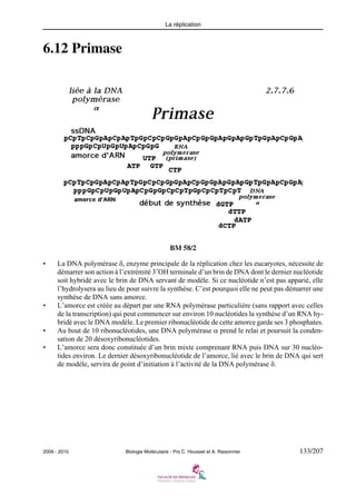 La réplication

6.12 Primase

BM 58/2
•

•

•
•

La DNA polymérase δ, enzyme principale de la réplication chez les eucaryotes, nécessite de
démarrer son action à l’extrémité 3’OH terminale d’un brin de DNA dont le dernier nucléotide
soit hybridé avec le brin de DNA servant de modèle. Si ce nucléotide n’est pas apparié, elle
l’hydrolysera au lieu de pour suivre la synthèse. C’est pourquoi elle ne peut pas démarrer une
synthèse de DNA sans amorce.
L’amorce est créée au départ par une RNA polymérase particulière (sans rapport avec celles
de la transcription) qui peut commencer sur environ 10 nucléotides la synthèse d’un RNA hybridé avec le DNA modèle. Le premier ribonucléotide de cette amorce garde ses 3 phosphates.
Au bout de 10 ribonucléotides, une DNA polymérase α prend le relai et poursuit la condensation de 20 désoxyribonucléotides.
L’amorce sera donc constituée d’un brin mixte comprenant RNA puis DNA sur 30 nucléotides environ. Le dernier désoxyribonucléotide de l’amorce, lié avec le brin de DNA qui sert
de modéle, servira de point d’initiation à l’activité de la DNA polymérase δ.

2009 - 2010

Biologie Moléculaire - Prs C. Housset et A. Raisonnier

133/207

 