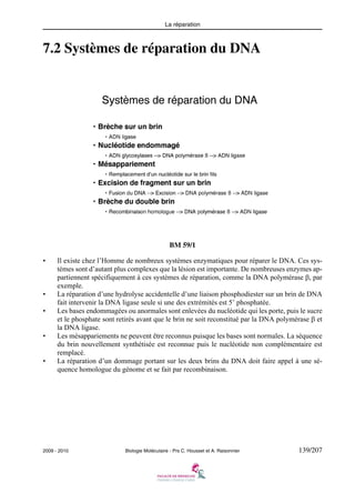 La réparation

7.2 Systèmes de réparation du DNA

BM 59/1
•

•
•

•

•

Il existe chez l’Homme de nombreux systèmes enzymatiques pour réparer le DNA. Ces systèmes sont d’autant plus complexes que la lésion est importante. De nombreuses enzymes appartiennent spécifiquement à ces systèmes de réparation, comme la DNA polymérase β, par
exemple.
La réparation d’une hydrolyse accidentelle d’une liaison phosphodiester sur un brin de DNA
fait intervenir la DNA ligase seule si une des extrémités est 5’ phosphatée.
Les bases endommagées ou anormales sont enlevées du nucléotide qui les porte, puis le sucre
et le phosphate sont retirés avant que le brin ne soit reconstitué par la DNA polymérase β et
la DNA ligase.
Les mésappariements ne peuvent être reconnus puisque les bases sont normales. La séquence
du brin nouvellement synthétisée est reconnue puis le nucléotide non complémentaire est
remplacé.
La réparation d’un dommage portant sur les deux brins du DNA doit faire appel à une séquence homologue du génome et se fait par recombinaison.

2009 - 2010

Biologie Moléculaire - Prs C. Housset et A. Raisonnier

139/207

 