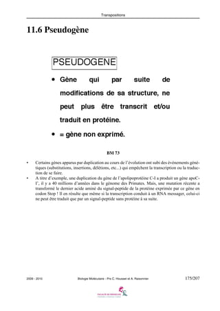 Transpositions

11.6 Pseudogène

BM 73
•

•

Certains gènes apparus par duplication au cours de l’évolution ont subi des évènements génétiques (substitutions, insertions, délétions, etc...) qui empêchent la transcription ou la traduction de se faire.
A titre d’exemple, une duplication du gène de l’apolipoprotéine C-I a produit un gène apoCI’, il y a 40 millions d’années dans le génome des Primates. Mais, une mutation récente a
transformé le dernier acide aminé du signal-peptide de la protéine exprimée par ce gène en
codon Stop ! Il en résulte que même si la transcription conduit à un RNA messager, celui-ci
ne peut être traduit que par un signal-peptide sans protéine à sa suite.

2009 - 2010

Biologie Moléculaire - Prs C. Housset et A. Raisonnier

175/207

 