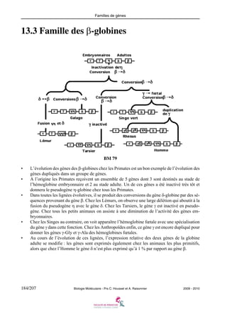 Familles de gènes

13.3 Famille des β-globines

BM 79
•
•

•

•

•

L’évolution des gènes des β-globines chez les Primates est un bon exemple de l’évolution des
gènes dupliqués dans un groupe de gènes.
A l’origine les Primates reçoivent un ensemble de 5 gènes dont 3 sont destinés au stade de
l’hémoglobine embryonnaire et 2 au stade adulte. Un de ces gènes a été inactivé très tôt et
donnera le pseudogène η-globine chez tous les Primates.
Dans toutes les lignées évolutives, il se produit des conversions du gène δ-globine par des séquences provenant du gène β. Chez les Lémurs, on observe une large délétion qui aboutit à la
fusion du pseudogène η avec le gène δ. Chez les Tarsiers, le gène γ est inactivé en pseudogène. Chez tous les petits animaux on assiste à une diminution de l’activité des gènes embryonnaires.
Chez les Singes au contraire, on voit apparaître l’hémoglobine fœtale avec une spécialisation
du gène γ dans cette fonction. Chez les Anthropoïdes enfin, ce gène γ est encore dupliqué pour
donner les gènes γ-Gly et γ-Ala des hémoglobines fœtales.
Au cours de l’évolution de ces lignées, l’expression relative des deux gènes de la globine
adulte se modifie : les gènes sont exprimés également chez les animaux les plus primitifs,
alors que chez l’Homme le gène δ n’est plus exprimé qu’à 1 % par rapport au gène β.

184/207

Biologie Moléculaire - Prs C. Housset et A. Raisonnier

2009 - 2010

 