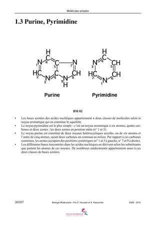 Molécules simples

1.3 Purine, Pyrimidine

BM 02
•
•
•

•

Les bases azotées des acides nucléiques appartiennent à deux classes de molécules selon le
noyau aromatique qui en constitue le squelette.
Le noyau pyrimidine est le plus simple : c’est un noyau aromatique à six atomes, quatre carbones et deux azotes ; les deux azotes en position méta (n° 1 et 3).
Le noyau purine est constitué de deux noyaux hétérocycliques accolés, un de six atomes et
l’autre de cinq atomes, ayant deux carbones en commun au milieu. Par rapport à ces carbones
communs, les azotes occupent des positions symétriques (n° 1 et 3 à gauche, n° 7 et 9 à droite).
Les différentes bases rencontrées dans les acides nucléiques en dérivent selon les substituants
que portent les atomes de ces noyaux. De nombreux médicaments appartiennent aussi à ces
deux classes de bases azotées.

20/207

Biologie Moléculaire - Prs C. Housset et A. Raisonnier

2009 - 2010

 