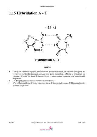 Molécules simples

1.15 Hybridation A - T

BM 07/1
•

•
•

Lorsqu’un acide nucléique est en solution les molécules forment des liaisons hydrogènes associant les nucléotides deux par deux, de sorte qu’un nucléotide à adénine se lie avec un nucléotide à thymine (ou à uracile dans un RNA) et un nucléotide à guanine avec un nucléotide
à cytosine.
On désigne cette liaison sous le terme d’hybridation.
L’hybridation adénine-thymine est moins stable (2 liaisons hydrogène, -21 kJ) que celle entre
guanine et cytosine.

32/207

Biologie Moléculaire - Prs C. Housset et A. Raisonnier

2009 - 2010

 