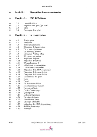 Plan du cours
49

Partie II :

Biosynthèse des macromolécules

53

Chapitre 3 :

DNA Définitions

54
55
56
57
59
60
61
62
63
64
66
67
68
69
70
71
72
73
74
75
76
77
78
79
80
81
82
83
84
85
86
87
88
89
90
91

4/207

3.1
3.2
3.3
3.4

La double hélice
Séquence d’un gène (apoA-II)
Gène
Expression d’un gène

Chapitre 4 :
4.1
4.2
4.3
4.4
4.5
4.6
4.7
4.8
4.9
4.10
4.11
4.12
4.13
4.14
4.15
4.16
4.17
4.18
4.19
4.20
4.21
4.22
4.23
4.24
4.25
4.26
4.27
4.28
4.29
4.30
4.31

La transcription

Transcription
Promoteur
Brins sens et antisens
Régulation de l’expression
Cis et trans régulateurs
DNA binding proteins
Interaction Protéine DNA
Récepteurs nucléaires
Régulation du jeûne
Régulation de l’effort
RNA polymérase II
Initiation de la transcription
Liaison TFIID sur le DNA
Régulation de la RNA polymérase
Elongation de la transcription
Elongation de la transcription
Discontinuité des gènes
Exon
Exon 1
Fin de la transcription
Modifications du transcrit
Enzyme coiffante
Coiffe d’un messager
Queue polyA
Le transcrit primaire
Excision - épissage
Formation du lasso
Epissages alternatifs
Maturation des RNA ribosomiques
Stabilité du messager
Messager

Biologie Moléculaire - Prs C. Housset et A. Raisonnier

2009 - 2010

 