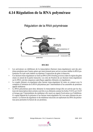 La transcription

4.14 Régulation de la RNA polymérase

BM 28/2
•

•

•

•

Les activateurs ou inhibiteurs de la transcription (facteurs trans-régulateurs) sont des protéines produites par d’autres gènes qui interviennent pour activer ou pour inhiber la RNA polymérase II et par suite induire ou réprimer l’expression du gène à transcrire.
Ces facteurs trans-régulateurs se lient au DNA (DNA binding proteins) dans la région du gène
située en amont de la partie transcrite. Les sites de fixation de ces facteurs trans-régulateurs
sur le DNA sont des séquences spécifiques appelées éléments cis-régulateurs.
Le couple élément cis-régulateur plus facteur trans-régulateur lié entre en contact avec le
complexe d’initiation de la RNA polymérase par l’intermédiaire d’un ensemble de protéines
appelé médiateur.
La RNA polymérase peut donc démarrer la transcription lorsqu’elle est activée par les facteurs de transcription dont certains sont liés à ces éléments comme les boîtes TATA ou CAAT
et lorsque par l’intermédiaire du médiateur elle reçoit un signal d’activation ou d’inhibition.
Ce signal dépend de la présence d’un facteur trans-régulateur lié à un autre élément du promoteur. La liaison du régulateur et du médiateur nécessite un repliement du DNA du promoteur pour permettre la liaison de ces protéines.

74/207

Biologie Moléculaire - Prs C. Housset et A. Raisonnier

2009 - 2010

 