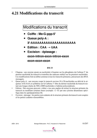 La transcription

4.21 Modifications du transcrit

BM 33
•

•

•

•

Chapeau : une enzyme ajoute un nucléotide à Guanine sur les phosphates du Carbone 5’ du
premier nucléotide du transcrit et transfère des radicaux méthyl sur les premiers nucléotides.
Ces modifications font un début commun à tous les transcrits primaires, précurseurs des RNA
messagers.
Queue poly-A : une enzyme coupe le transcrit environ 10 à 20 nucléotides au delà de la séquence AAUAAA et synthétise sur le Carbone 3’ libre du dernier nucléotide du transcrit restant une longue chaîne de 500 à 2000 nucléotides à Adénine polycondensés.
Edition : Des enzymes peuvent « éditer » (au sens anglais du terme) la structure primaire du
transcrit en modifiant certaines bases (exemple : C→U par une cytosine désaminase spécifique dans les apolipoprotéines B).
Excision - épissage : les parties non codantes de la structure primaire du transcrit sont coupées
et les parties codantes réassemblées.

2009 - 2010

Biologie Moléculaire - Prs C. Housset et A. Raisonnier

81/207

 