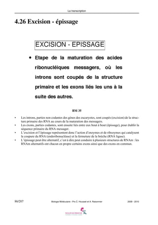 La transcription

4.26 Excision - épissage

BM 35
•
•
•
•

Les introns, parties non codantes des gènes des eucaryotes, sont coupés (excision) de la structure primaire des RNA au cours de la maturation des messagers.
Les exons, parties codantes, sont ensuite liés entre eux bout à bout (épissage), pour établir la
séquence primaire du RNA messager.
L’excision et l’épissage représentent donc l’action d’enzymes et de ribozymes qui catalysent
la coupure du RNA (endoribonucléase) et la fermeture de la brèche (RNA ligase).
L’épissage peut être alternatif, c’est à dire peut conduire à plusieurs structures de RNAm : les
RNAm alternatifs ont chacun en propre certains exons ainsi que des exons en commun.

86/207

Biologie Moléculaire - Prs C. Housset et A. Raisonnier

2009 - 2010

 