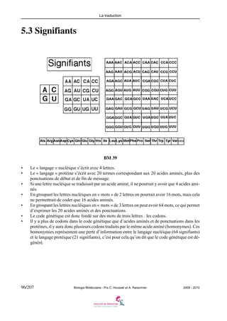 La traduction

5.3 Signifiants

BM 39
•
•
•
•
•
•
•

Le « langage » nucléique s’écrit avec 4 lettres.
Le « langage » protéine s’écrit avec 20 termes correspondant aux 20 acides aminés, plus des
ponctuations de début et de fin de message.
Si une lettre nucléique se traduisait par un acide aminé, il ne pourrait y avoir que 4 acides aminés.
En groupant les lettres nucléiques en « mots » de 2 lettres on pourrait avoir 16 mots, mais cela
ne permettrait de coder que 16 acides aminés.
En groupant les lettres nucléiques en « mots » de 3 lettres on peut avoir 64 mots, ce qui permet
d’exprimer les 20 acides aminés et des ponctuations.
Le code génétique est donc fondé sur des mots de trois lettres : les codons.
Il y a plus de codons dans le code génétique que d’acides aminés et de ponctuations dans les
protéines, il y aura donc plusieurs codons traduits par le même acide aminé (homonymes). Ces
homonymies représentent une perte d’information entre le langage nucléique (64 signifiants)
et le langage protéique (21 signifiants), c’est pour cela qu’on dit que le code génétique est dégénéré.

96/207

Biologie Moléculaire - Prs C. Housset et A. Raisonnier

2009 - 2010

 