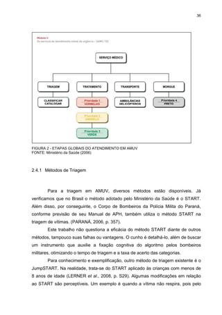 36
FIGURA 2 - ETAPAS GLOBAIS DO ATENDIMENTO EM AMUV
FONTE: Ministério da Saúde (2006)
2.4.1 Métodos de Triagem
Para a triagem em AMUV, diversos métodos estão disponíveis. Já
verificamos que no Brasil o método adotado pelo Ministério da Saúde é o START.
Além disso, por conseguinte, o Corpo de Bombeiros da Polícia Milita do Paraná,
conforme previsão de seu Manual de APH, também utiliza o método START na
triagem de vítimas. (PARANÁ, 2006, p. 357).
Este trabalho não questiona a eficácia do método START diante de outros
métodos, tampouco suas falhas ou vantagens. O cunho é detalhá-lo, além de buscar
um instrumento que auxilie a fixação cognitiva do algoritmo pelos bombeiros
militares, otimizando o tempo de triagem e a taxa de acerto das categorias.
Para conhecimento e exemplificação, outro método de triagem existente é o
JumpSTART. Na realidade, trata-se do START aplicado às crianças com menos de
8 anos de idade (LERNER et al., 2008, p. S29). Algumas modificações em relação
ao START são perceptíveis. Um exemplo é quando a vítima não respira, pois pelo
 