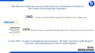 Sam Walton's technique was focused around an unshakeable foundation
The Lowest Prices Anytime, Anywhere.
1962 On July second, Sam Walton opened the first Walmart Store in Rogers, Ark
RETAIL
REVOLUTION
1970 Walmart turned into a publically exchanged organization. The primary stock was sold at $16.50.
In the 1970s, 10 years of staggering development, "Mr Sam" started to take Walmart
national, demonstrating his vision's broad appeal.
BRAND EXTENSION
CBBE PYRAMID
BRAND PORTFOLIO
INTRODUCTION
 