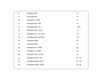 8. Perkataan KVK 11
9. Suku kata KVK 12
10. Perkataan V + KVK 13
11. Perkataan KV + KVK 14
12. Perkataan KVK + KV 15-16
13. Perkataan KVK + KVK 17
14. Perkataan KV + KV + KVK 18
15. Perkataan KVK +KV+KVK 19
16. Perkataan KVKK 20
17. Sukukata KVKK 21
18. Perkataan KV + KVKK 22
19. Perkataan V + KVKK 23
20. Perkataan KVK + KVKK 24
21. Perkataan KVKK + KV 25 - 26
22. Perkataan KVKK + KVK 27 - 28
23. Perkataan KVKK + KVKK 29 - 30
 