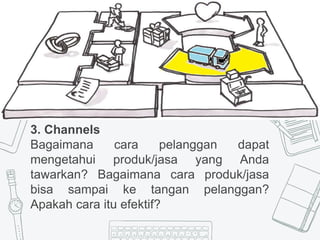 7
3. Channels
Bagaimana cara pelanggan dapat
mengetahui produk/jasa yang Anda
tawarkan? Bagaimana cara produk/jasa
bisa sampai ke tangan pelanggan?
Apakah cara itu efektif?
 