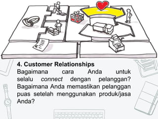 8
4. Customer Relationships
Bagaimana cara Anda untuk
selalu connect dengan pelanggan?
Bagaimana Anda memastikan pelanggan
puas setelah menggunakan produk/jasa
Anda?
 