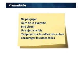 Préambule
Ne pas juger
Faire de la quantité
Etre visuel
Un sujet à la fois
S’appuyer sur les idées des autres
Encourager les idées folles
 