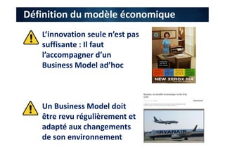 L’innovation seule n’est pas
suffisante : Il faut
l’accompagner d’un
Business Model ad’hoc
Un Business Model doit
être revu régulièrement et
adapté aux changements
de son environnement
Définition du modèle économique
 